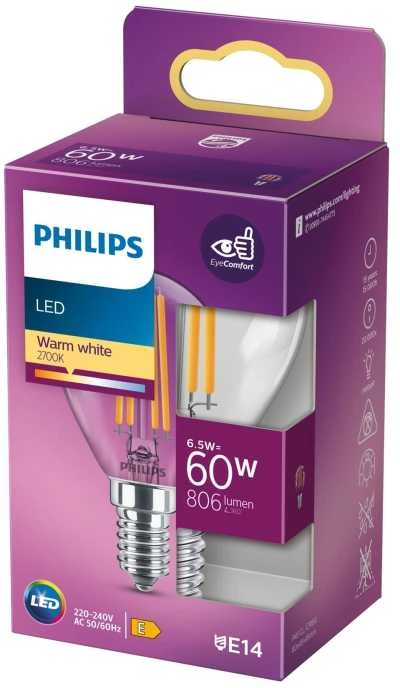 Lemputė Philips LED, P45, 2700 °K, E14, 6.5 W, 806 lm