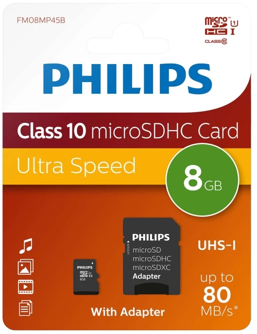 „Philips Micro SDHC“ kortelė 8 GB, 10 klasės, UHS-I, U1, su adapteriu