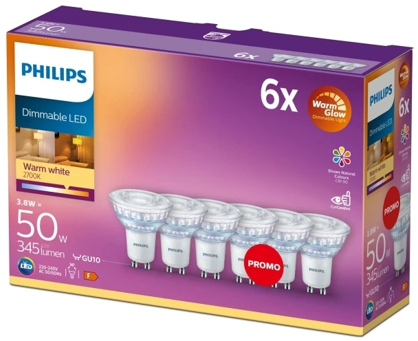 „Philips“ 6 vnt. GU10 LED lempučių pakuotė, 50 W, „Dimbar War“