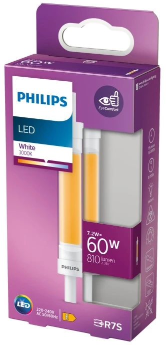 „Bec LED Philips“, „EyeComfort“, R7S, 7,2 W (60 W), 810 lm, „Luminacalda“ (3000 K), 118 mm