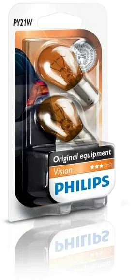 Philips PY21W oranžinės lemputės pakuotėje