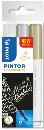 Pilot Pen „Pilot Pintor“, 3 vnt., Auksinė, Sidabrinė, Balta, Smulkus galiukas, Įvairių spalvų, Apvalus, 2,3 mm
