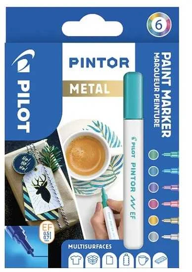 Pilot Pen Pilot Pintor Metal, 6 vnt., Mėlyna, Auksinė, Žalia, Rožinė, Sidabrinė, Violetinė, Plonas galiukas, Įvairių spalvų, Apvalus, 2,3 mm