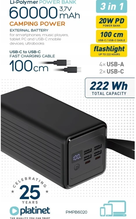 Išorinė baterija Platinet PMPB6020 60000mAh juoda