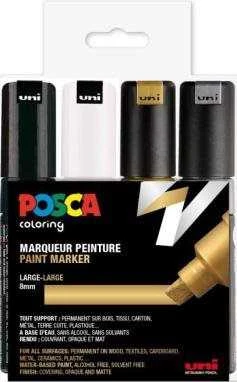 Posca Posca - PC8K - Broad Tip Pen - Gold, Sidabrinis, Juodas and Baltas, 4 pc