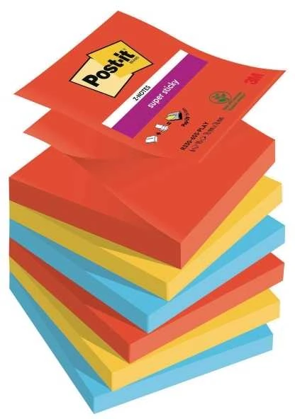 „Post-It 3M Post-it® Super Sticky Z-Notes“, žaismingos, 76 x 76 mm, 6 x 90 kortelės.