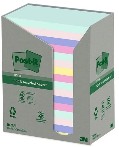 Post-It 655-1RPT, stačiakampiai, įvairių spalvų, 76 mm, 127 mm, 100 lapelių