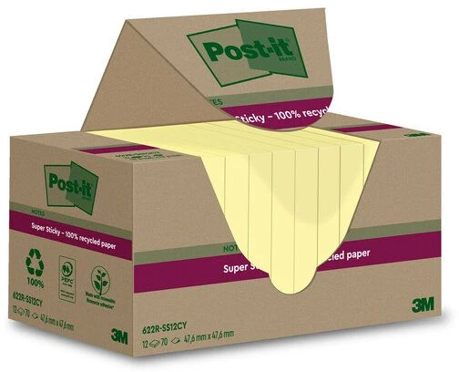 3M Post-it Super Sticky Recycle Canary geltona 47,6x47,6mm - su 12 vnt.