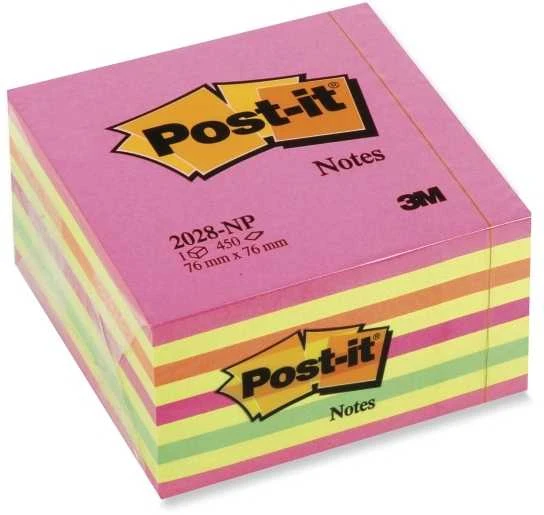 3M Lipnūs lapeliai Post-it Ledinukai kubas, 76 x 76 mm, 450 laplių, neoninių rausvų spalvų derinys