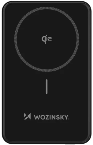 Powerbank Wozinsky WLWP-10KA0Y3S 22.5W PD Qi2 10000 mAh, su stoveliu, 1x USB-A, 1x USB-C – juodos spalvos