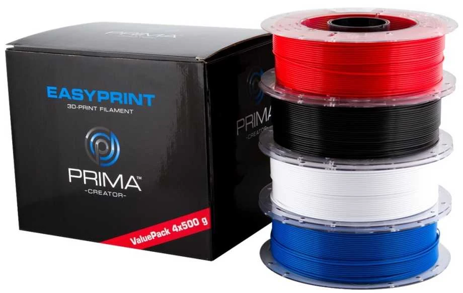 PrimaCreator EasyPrint PLA Value Pack Standard – 1.75mm – 4 x 500g (iš viso 2kg) – baltas, juodas, raudonas, mėlynas