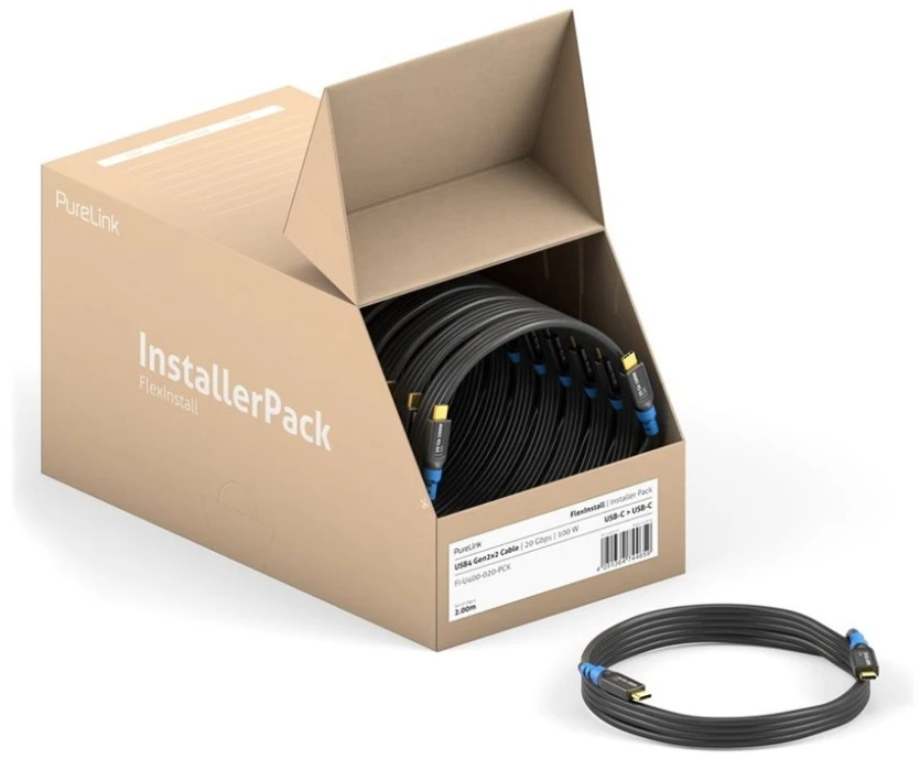 „PureLink FlexInstall“ USB-C–USB-C keitiklis USB4 Gen2x2 20Gbps 100W 0,50 m – diegimo rinkinys, 55 vnt.
