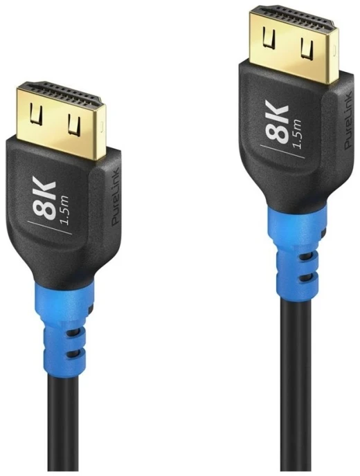 „PureLink“ HDMI kabelio 8K jungtys su mėlynais laikikliais