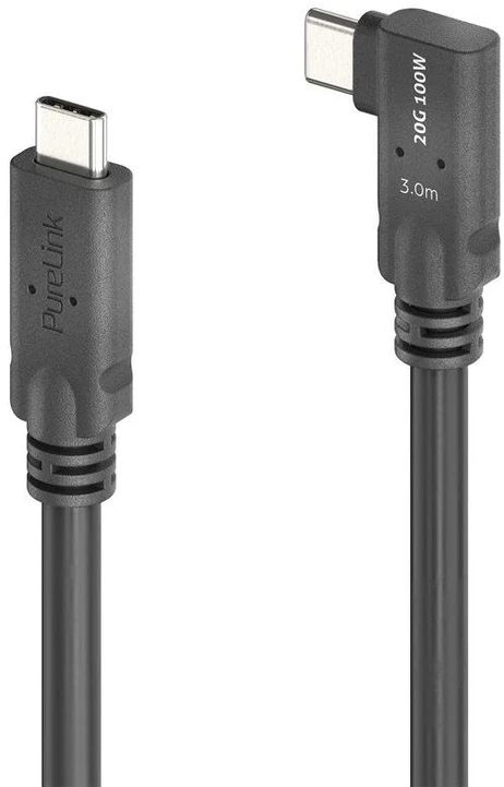 PureLink USB-C į USB-C 90° kairės/dešinės kabelis - USB4 Gen 2x2, 5A, SPR 100W, 20G, DP Alt-Mode - PureInstall MicroX4 - juodas - 3,00 m