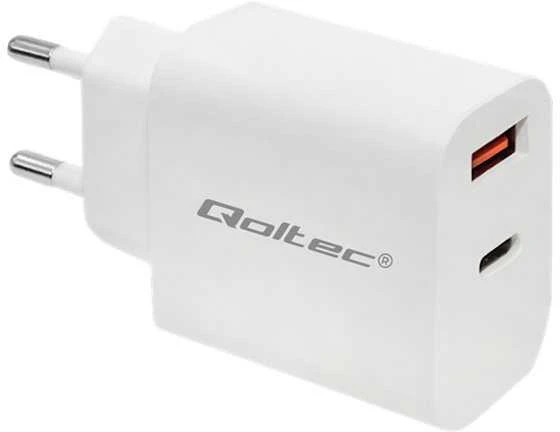 QOLTEC 51714 Įkroviklis 18W 5-12V 1.5-3A USB tipas C PD USB QC 3.0 Baltas