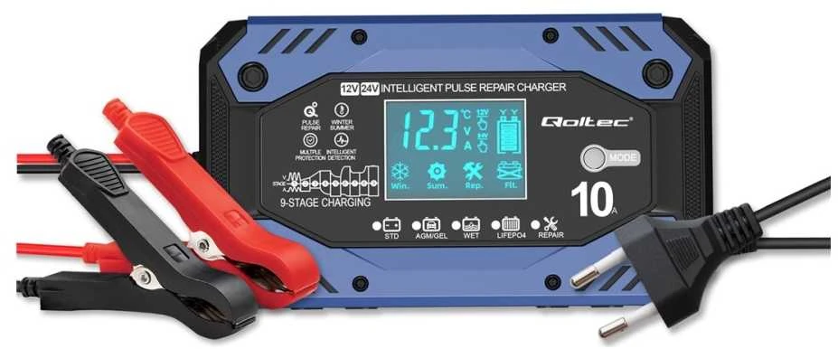 Qoltec 52482 vehicle battery charger 12/24 V Juodas, Mėlyna