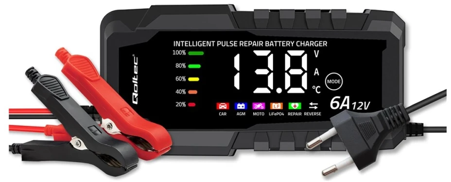 Qoltec Inteligentna mikroprocesorinis kroviklis 12V 6A | Prostownik su funkcija naprawy do akumulatora AGM GEL LiFePO4 | LCD