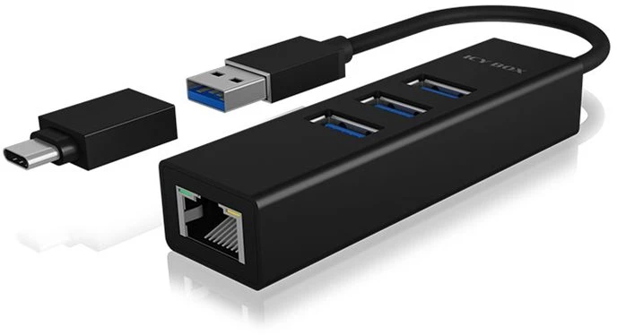 „Raidsonic“ | 4 privatūs įrenginiai, palaikantys USB 3.0 A tipo, C tipo, gigabito LAN | „Icy Box IB-HUB1419-LAN“