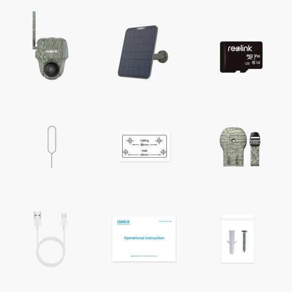 „Reolink Go“ serijos G450 su saulės baterijomis 2 – 4K 4G LTE PT laukinės gamtos kamera, gyvūnų aptikimas ir atpažinimas, 360° vaizdas, 32 GB „Micro SD“ kortelė, IP apsaugos kamera, lauko, laidinė ir belaidė, „Google Assistant“, išorinė, tvirtinama prie lubų / sienos