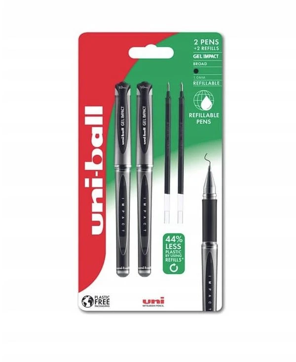UNIBALL Uni-ball Gel Impact 153 2stk Sorte Gel Rollerpenne +2stk refills, stregbredde 1,0mm