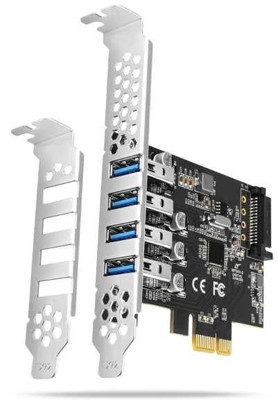 Axagon PCI-Express kortelė su keturiais išoriniais USB 3.2 Gen1 jungtys su dviguba galia. Renesas mikroschemų rinkinys. Standartinis ir žemas profilis.
