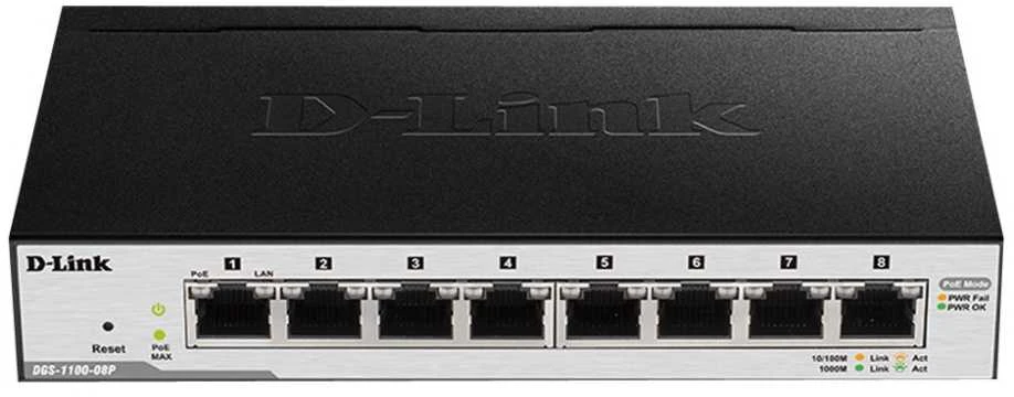 Šakotuvas D-LINK 8-Port Layer2 PoE Smart Gigabit Switch 8x 10/100/1000Mbps TP RJ-45 PoE prievadas 802.3af/at Power-over-Ethernet iki 30 vatų