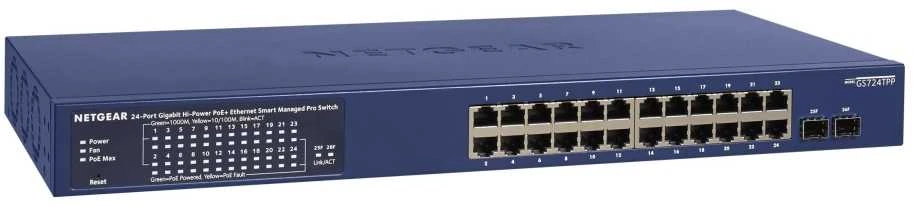 NETGEAR GS724TPP 24 prievadų Gigabit Smart Switch 380 W PoE+ biudžetas, 2x SFP+ prievadai