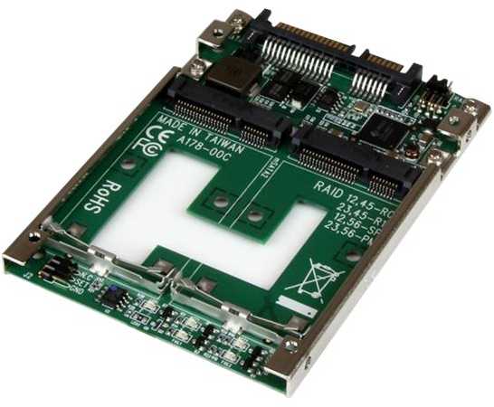 StarTech.com Dvigubas mSATA SSD į 2,5 colio SATA RAID adapterio keitiklis, SATA, mSATA, juodas, žalias, 5101299 h, CE, FCC, JMicron JMS562