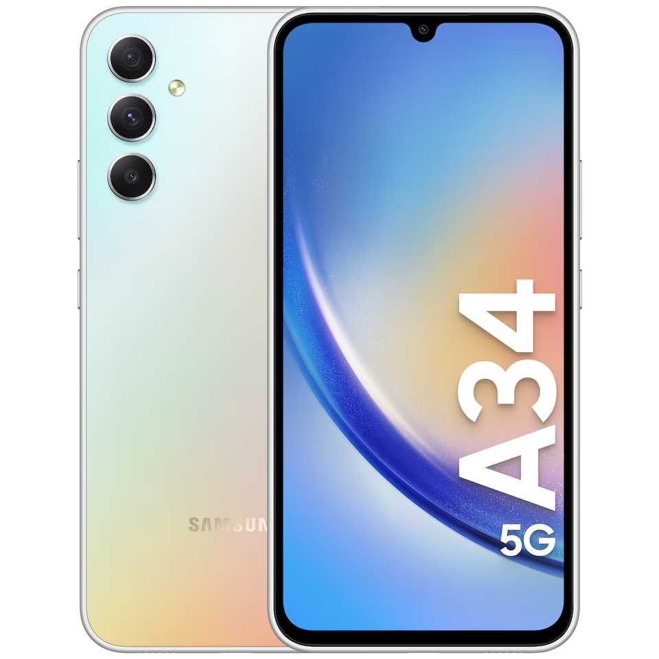 Samsung | Galaxy | A34 A346 | Nuostabus Sidabrinis | 6,6" | Super AMOLED | 1080 x 2340 pikselių | Mediatek | Matmenys 1080 (6 nm) | Vidinė RAM 6 GB | 128 GB | Micro SDXC | Dvi SIM kortelės | Nano-SIM | 4G | 5G | Pagrindinė kamera 48+8+5 MP |. Antrinė kamera 13 MP |