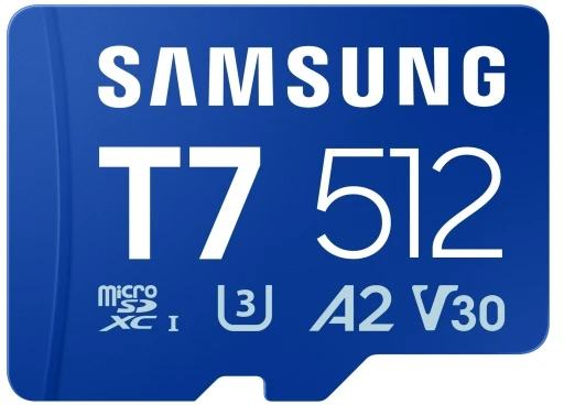 „Samsung T7 Micro SD“ atminties kortelė, 1 TB, skirta išmaniesiems telefonams, planšetiniams kompiuteriams ir nešiojamiesiems konsolėms, nuskaitymo greitis – 170 MB/s.