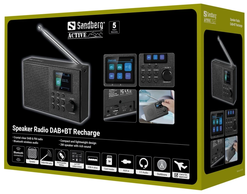 Sandberg „Technaxx“ garsiakalbis-radijas su DAB+BT įkraunamu garsiakalbiu, nešiojamas DAB+/FM radijas su „Bluetooth“, Juodas