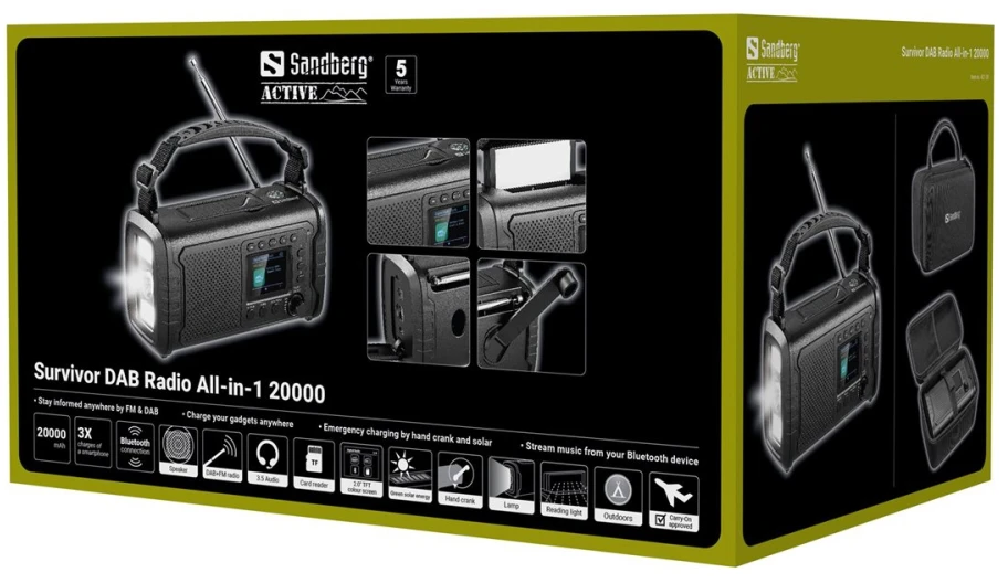 Sandberg Survivor DAB Radio All-in-1 20000 mAh, outdoor radio, BT speaker, powerbank, Juodas