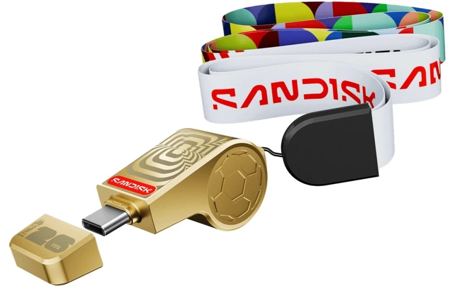 „SanDisk“ USB-C atmintinė: FIFA pasaulio čempionatas 2026 – 128 GB (auksinis leidimas), 128 GB, USB C tipo, 3.2 kartos 1 (3.1 kartos 1), 300 MB/s, dangtelis, auksinė