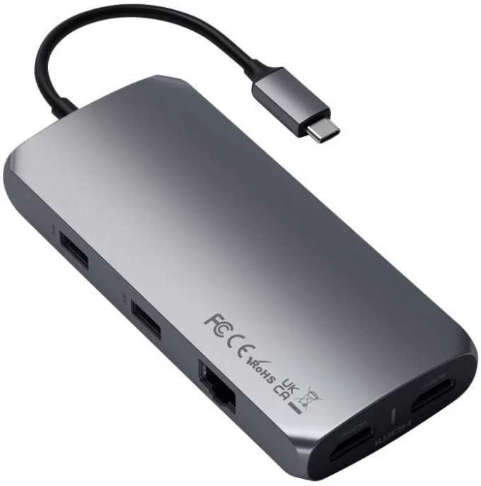 „Satechi“ kelių prievadų adapteris USB-C (2 x USB-C, 2 x USB-A, 2 x 4K HDMI, mikro / SD kortelių skaitytuvas, eternetas) (pilka erdvė)