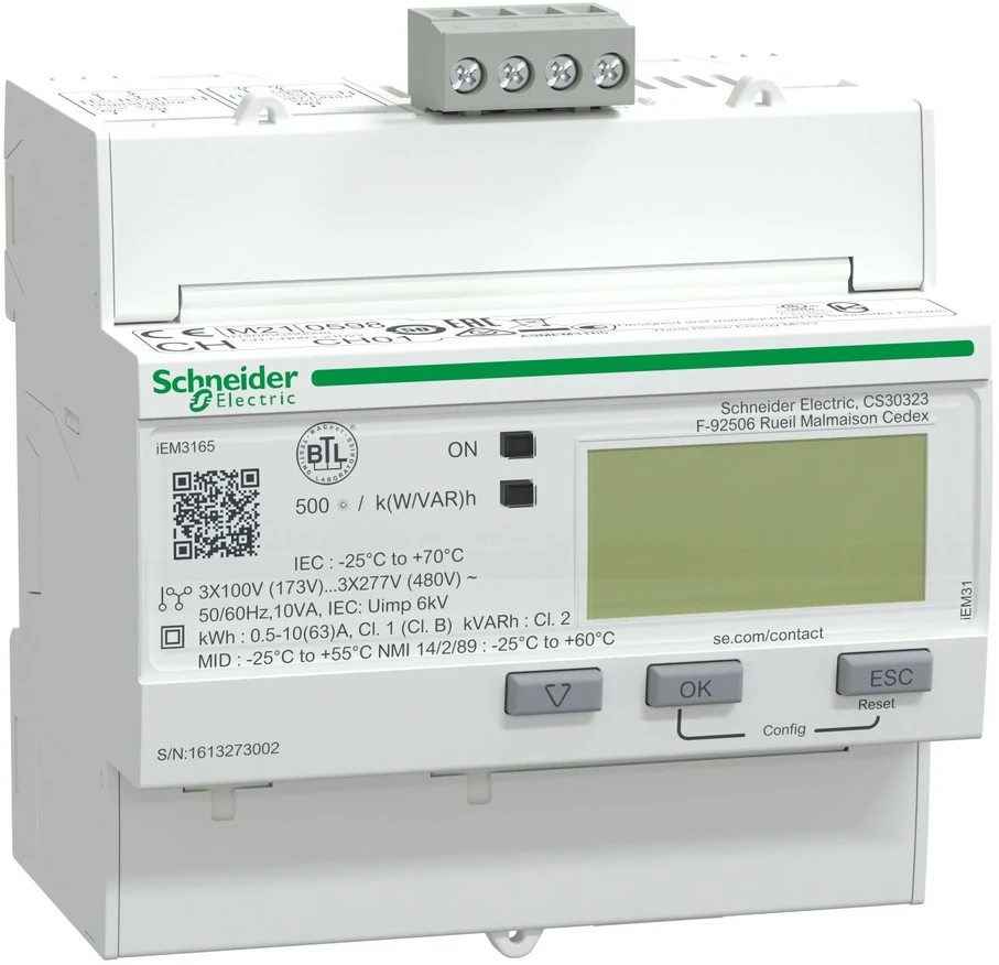 Schneider Electric 3 fazių LCD elektros energijos skaitiklis, elektroninis, pramoninis, reaktyvioji galia, įtampa, balta, A, kWh, W, varžtiniai gnybtai