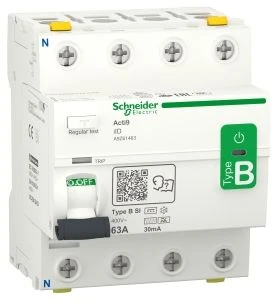 „SCHNEIDER ELECTRIC“ RCCB HPFI automatinis jungiklis 4P 63A 30mA B-SI klasės AC/DC, skirtas įrenginiams su 3 fazių dažnio keitikliu ir nuolatinės srovės inverteriu.