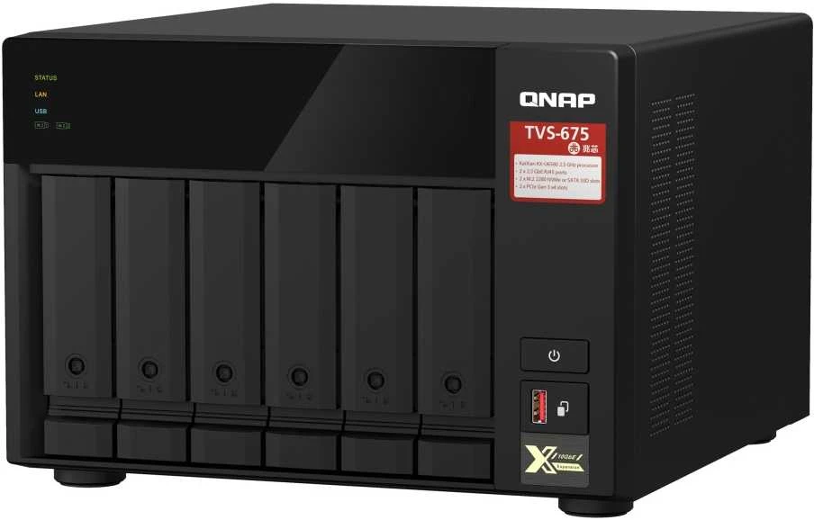 Serveris QNAP TVS-675 NAS bokštas ZhaoXin KaiXian KX-6000 KX-U6580 8 GB DDR4 0 TB QuTS Hero Juodas