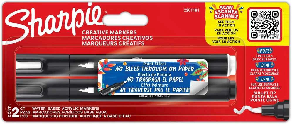 Sharpie kūrybiniai žymekliai akriliniams dažams - 2 vnt., 2 vnt., juoda, balta, apvalus galiukas, juoda, balta, 2,5 mm, lizdinė pakuotė