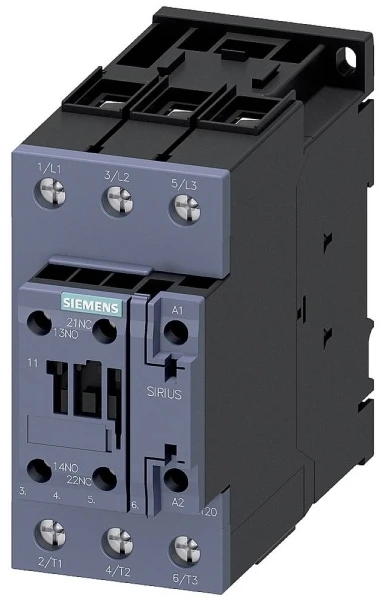 „Siemens“ galios kontaktorius 51A 3P 20–33V AC/DC 1NO 1NC S2 (3RT2036-1NB30)