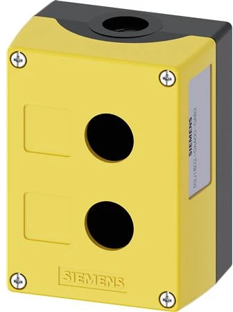 Siemens Valdymo korpusas 22 mm apvaliems aparatams, plastikas, geltona, 2 valdymo taškai, iš plastiko 3SU1802-0AA00-0AB2