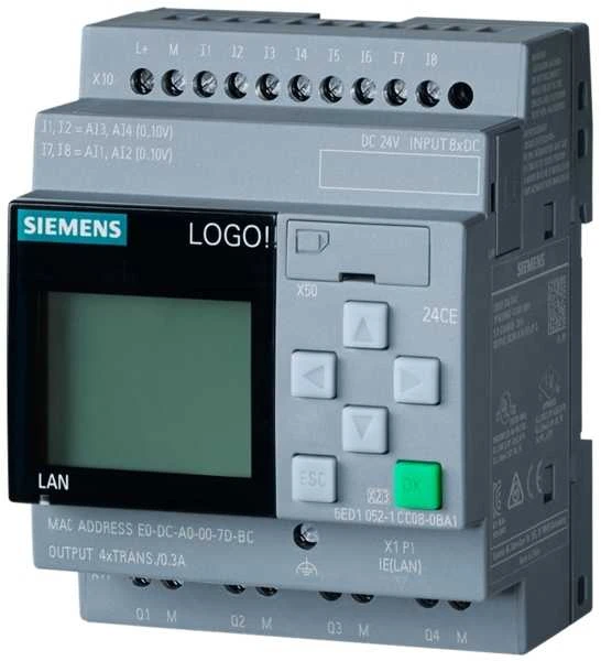 „Siemens LOGO! 24CE“, loginis modulis, ekranas, PU/I/O: 24V/24V/24V tranzistorius, 8DI (4AI)/4DO