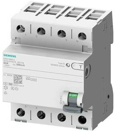 SIEMENS Nuotėkio srovės jungiklis, 4 polių, B tipo, trumpai uždelsiantis, In: 63 A, 300 mA, Un AC: 400 V