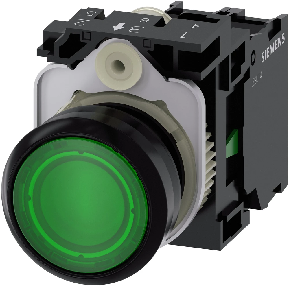 Siemens Mygtukas su apšvietimu, 22 mm, apvalus, plastikinis, žalias, mygtukinis, plokščias, su momentiniu kontaktu, su laikikliu, 1 NO, modulinis (3SU1102-0AB40-1BA0)