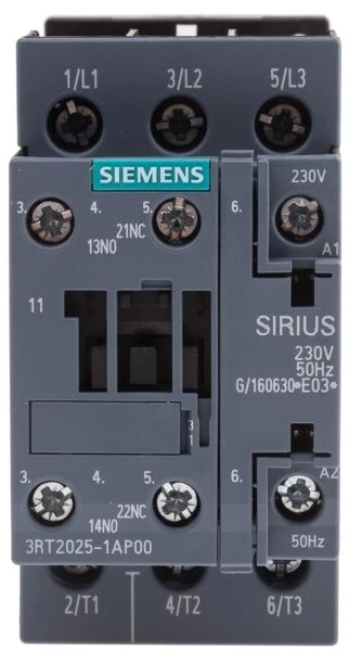 „Siemens“ galios kontaktorius 17A 3P 230V AC 1NO 1NC S0 (3RT2025-1AP00)