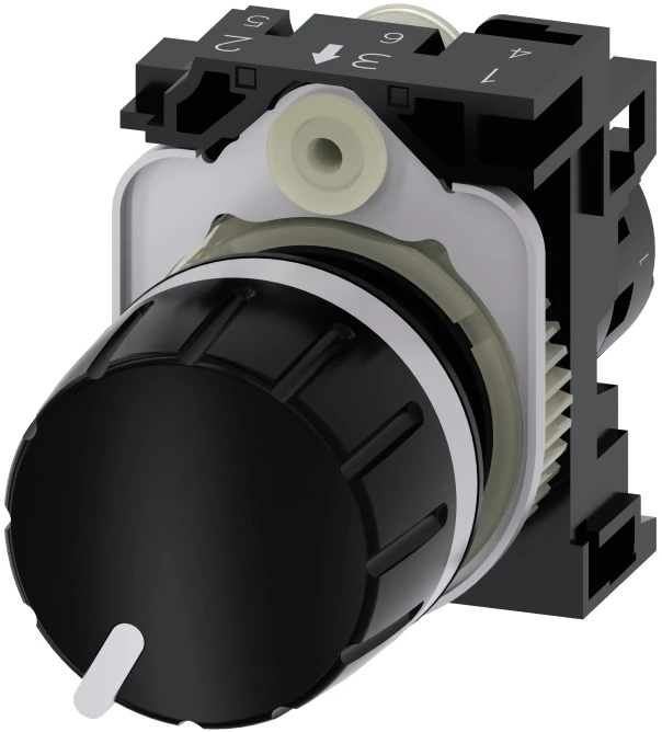 Siemens Kompaktiškas potenciometras 22mm, apvalus, juodas plastikas, 22k Ohm, su jungties laikikliu. varžtas 3SU1200-2PW10-1AA0