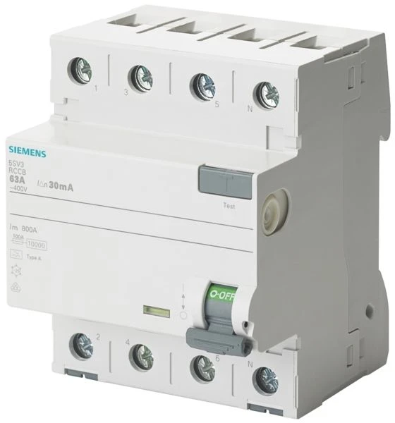 SIEMENS RCCB, 4 polių, A tipo, selektyvus, 63 A, 300 mA ir AC: 400 V