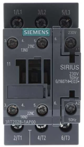„Siemens“ galios kontaktorius 38A 3P 230V AC 1NO 1NC S0 (3RT2028-1AP00)