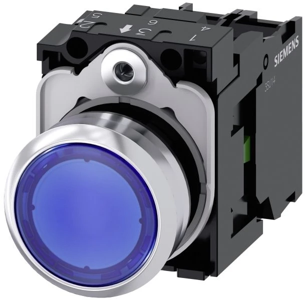 Siemens SIRIUS ACT 3SU11 serijos apšviestas mygtukas, pilnas blokas, momentinis, montuojamas ant skydo, 22 mm išpjova, SPST, mėlynas
