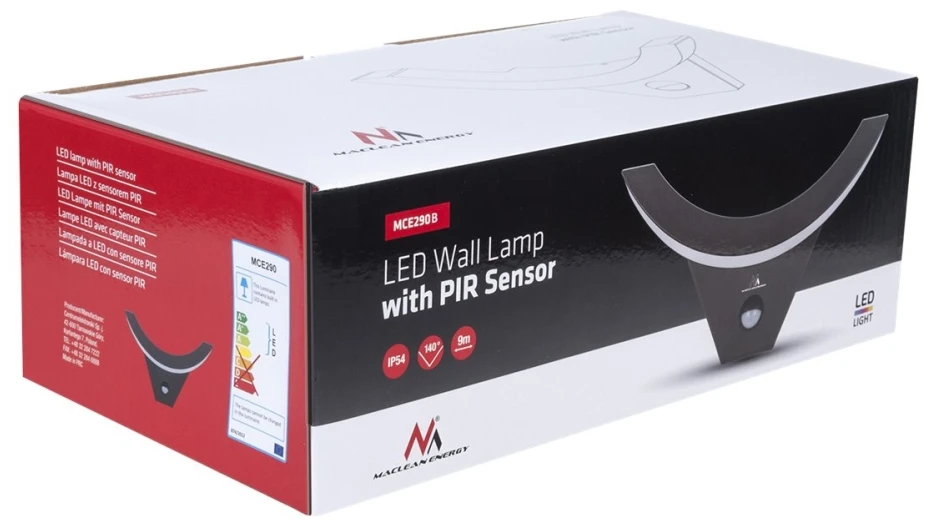 Sieninis šviestuvas MACLEAN MCE290B LED lempa su infraraudonuoju judesio jutikliu 800lm 10W IP54 juodas