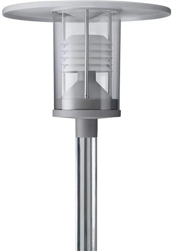 PHILIPS Grandeville LED parko šviestuvas 830, balta lamelinė uždanga, Ø250 mm, Ø60/70 mm stiebui, aliuminis, be. Pilkas šviestuvo gaubtas Ø600 mm.